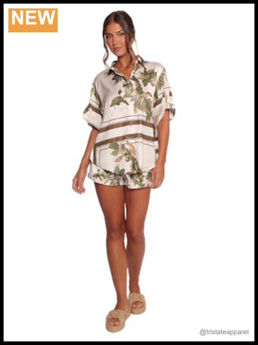 Petal & Pup Women's Lara Shirt Olive Floral Print Blouse Short Sleeve V-Neck
